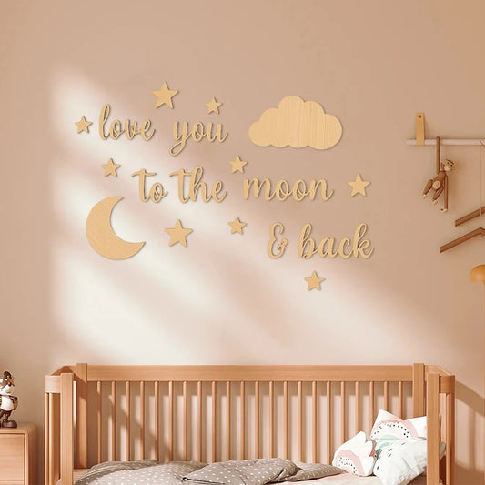18-Piece Wooden Wall Stickers with the Phrase "Love You to the Moon," Children's Room Star and Moon Cloud Decoration Set, Nordic Style Wooden Star and Moon Letter Wall Decor, Cozy Love Message Soft Decoration for Baby Room, B