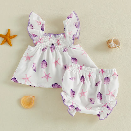 Baby Girl Summer Outfits Watermelon Sunflower Ocean Print Ruffled Trim A Line Flying Sleeve Tops and Shorts 2 Pcs Set