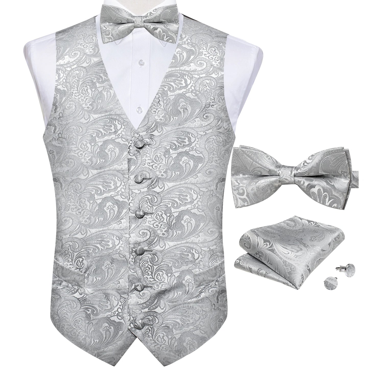 Suit Vest With Bow Tie Pocket Square Cufflinks Tuxedo Waistcoat for Men
