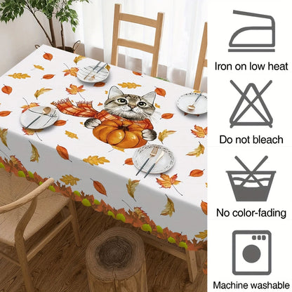 Autumn Pumpkin Maple Leaf Charming Cat Tablecloths Thanksgiving Fall Waterproof Tablecover Wedding Home Party Dining Table Decor