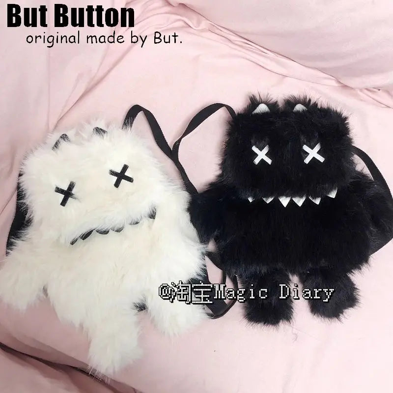 Gothic Lolita Y2K Plush Little Monster Backpack – Black & White Cute School Bag