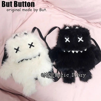 Gothic Lolita Y2K Plush Little Monster Backpack – Black & White Cute School Bag