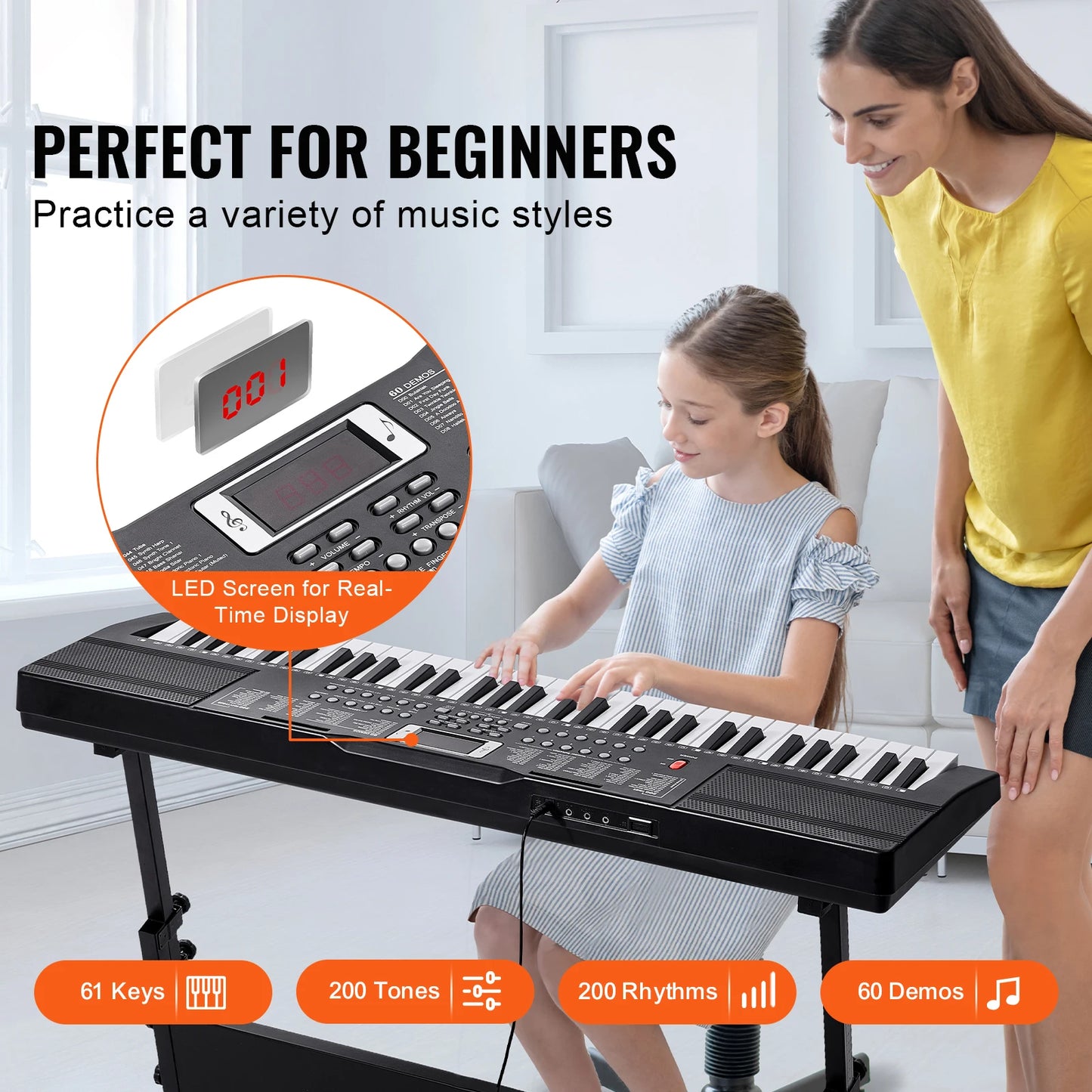 SucceBuy 61‑Key Digital Keyboard – Portable Electric Piano with 200–600 Tones & 200–500 Rhythms for Beginners