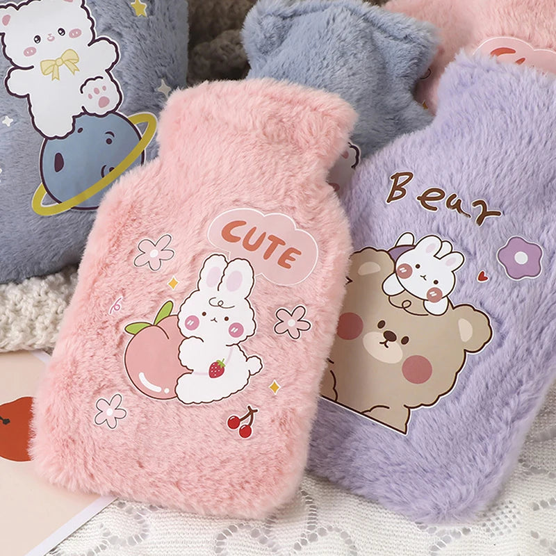 Cute Cartoon Plush Hot Water Bottle: Rabbit and Bear Designs, Velvet, Portable Hand Warmer for Women/Men