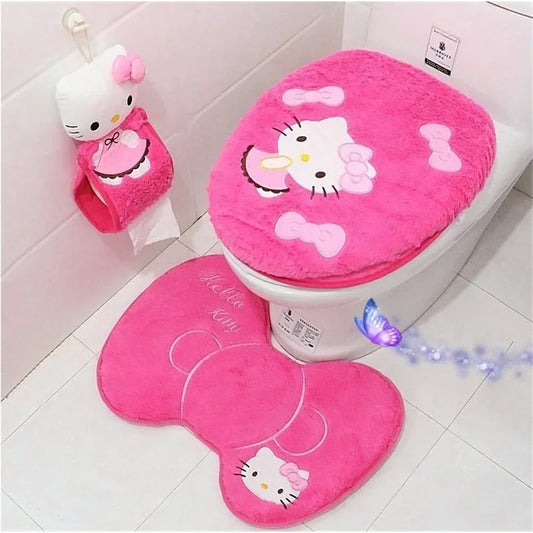 Sanrio Anime Hello Kitty Toilet Seat Cushion Three Pieces Set Restrooms Universal Winter Household Plush Toilet Seat Cover gift