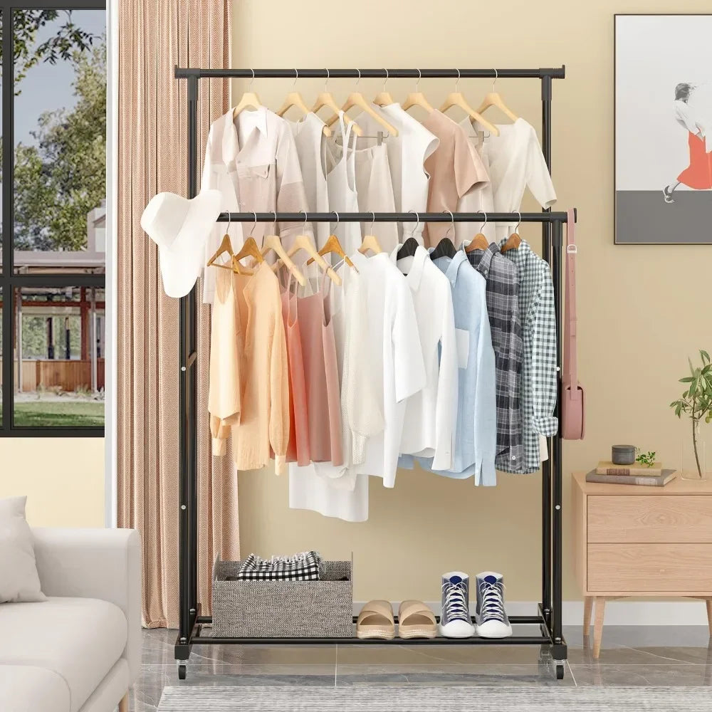 Movable Coat Rack Double Clothes Shelf Simple Rod Clothes Floor-Standi ...