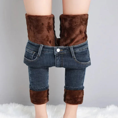 delete Women Thermal Skinny Jeans Mom Winter Warm Plush Stretch Jeans Lady Fleece Snow Denim Pants Student Pencil Straight Leg Trousers
