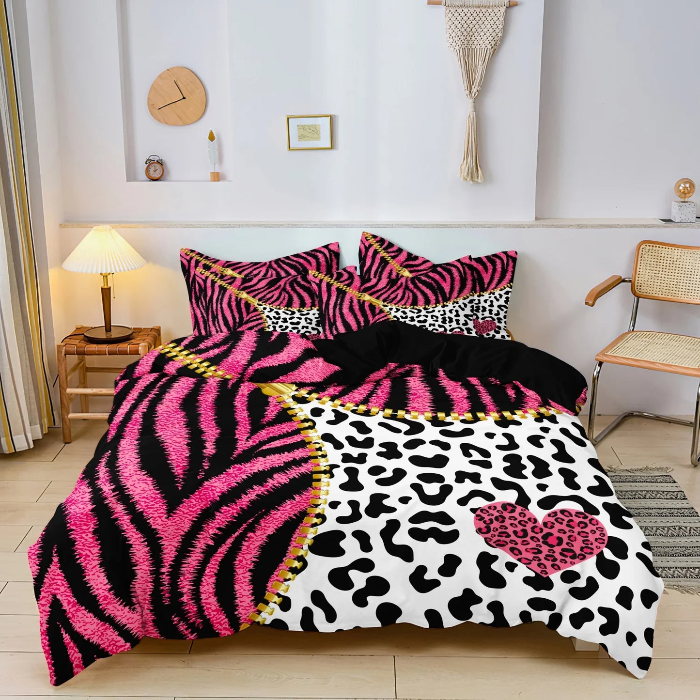 3pcs Duvet Cover Set in Red Leopard Print, Rose Red, and Black Zebra Stripe with Shiny Finish. Fashionable, Soft and Comfortable