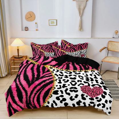 3pcs Duvet Cover Set in Red Leopard Print, Rose Red, and Black Zebra Stripe with Shiny Finish. Fashionable, Soft and Comfortable