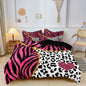 3pcs Duvet Cover Set in Red Leopard Print, Rose Red, and Black Zebra Stripe with Shiny Finish. Fashionable, Soft and Comfortable