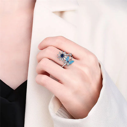 Fashion Beads Anxiety Fidget Spinner Rings Korea Crystal Butterfly Flower Star Moon Ring Anti Stress Jewelry Gift