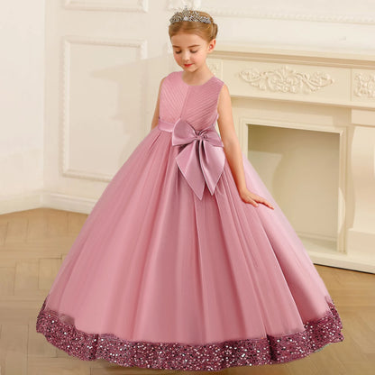Girls Fluffy Sequin Bridesmaid Princess Elegant Bow Wedding Prom Evening Party Dresses