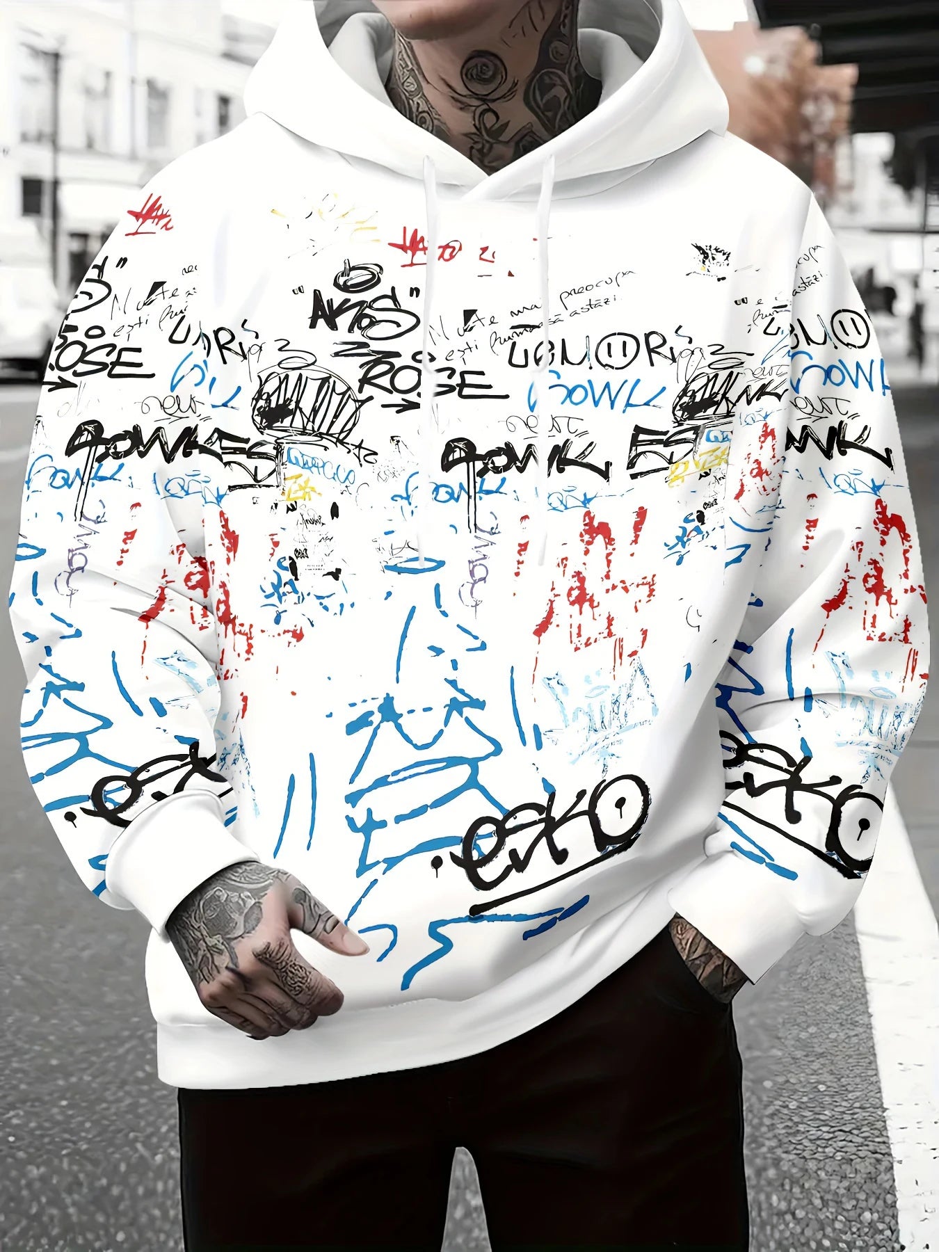 Men's personalized letter graffiti print soft and comfortable hooded sweatshirt