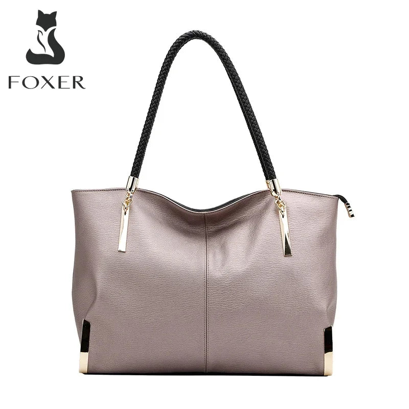 FOXER Brand Stylish Women Cowhide Leather Handbag Female Shoulder Bag Designer Luxury Lady Large Capacity Zipper Top-Handle Bags