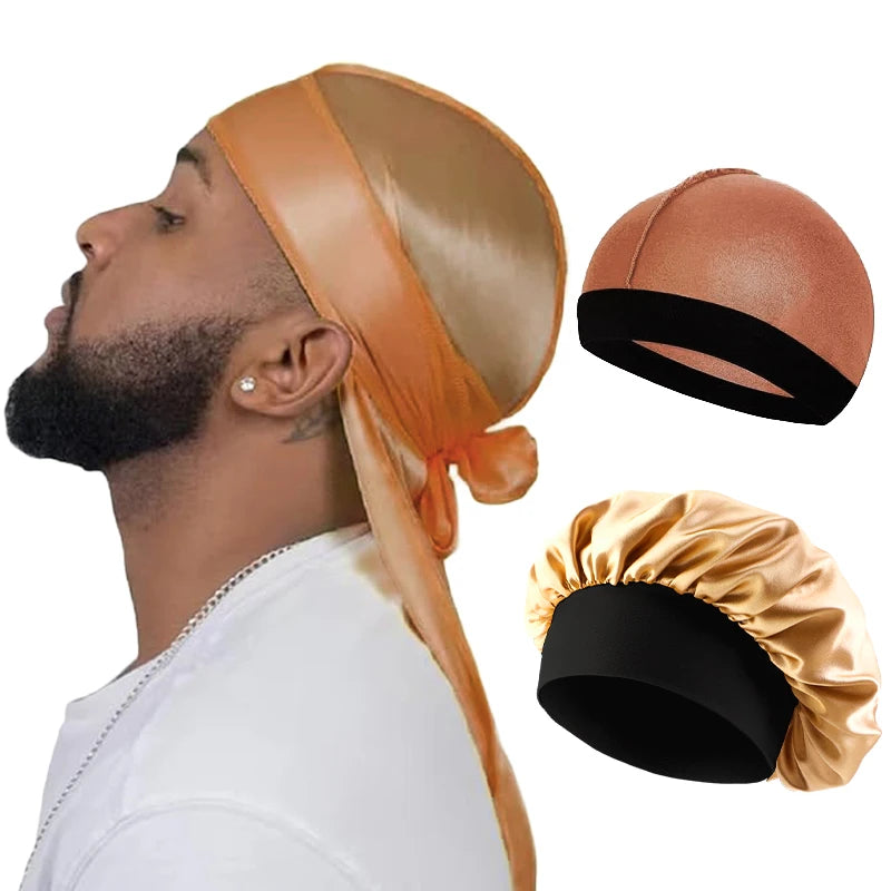 Set of 3 Men’s Silky Durags: Long Tail Pirate Hat, Headband Turban, Dome Wave Cap, Unisex Wig Cap with Elastic Band, Satin Bonnet