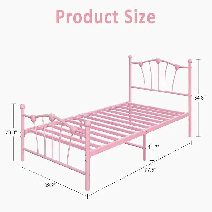 Twin Size Heart‑Shaped Metal Bed Frame – Platform Bed with Headboard & Footboard