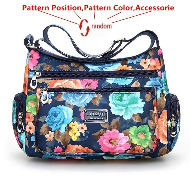 Floral Print Crossbody Bag, Trendy Nylon Shoulder Bag, Women's Multi Layer Messenger Bag For Travel