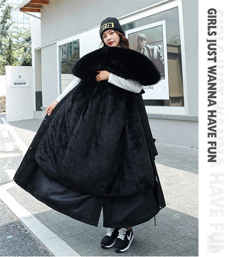 2025 New Winter Jacket Women's Parkas Thick Warm Fur Lining Long Parka Female Hooded Fleece Padded Coat Distachable Outwear 5XL