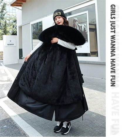2025 New Winter Jacket Women's Parkas Thick Warm Fur Lining Long Parka Female Hooded Fleece Padded Coat Distachable Outwear 5XL
