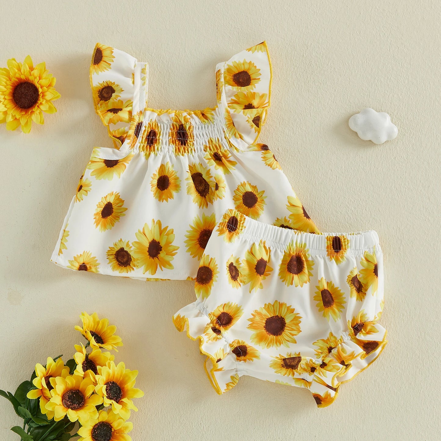 Baby Girl Summer Outfits Watermelon Sunflower Ocean Print Ruffled Trim A Line Flying Sleeve Tops and Shorts 2 Pcs Set