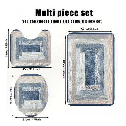 A blue abstract pattern three piece set can be purchased individually or set together for bathroom carpets