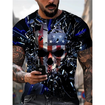 Men’s Retro Flag Skull T‑Shirt – 3D Print Short Sleeve Casual Summer Tee
