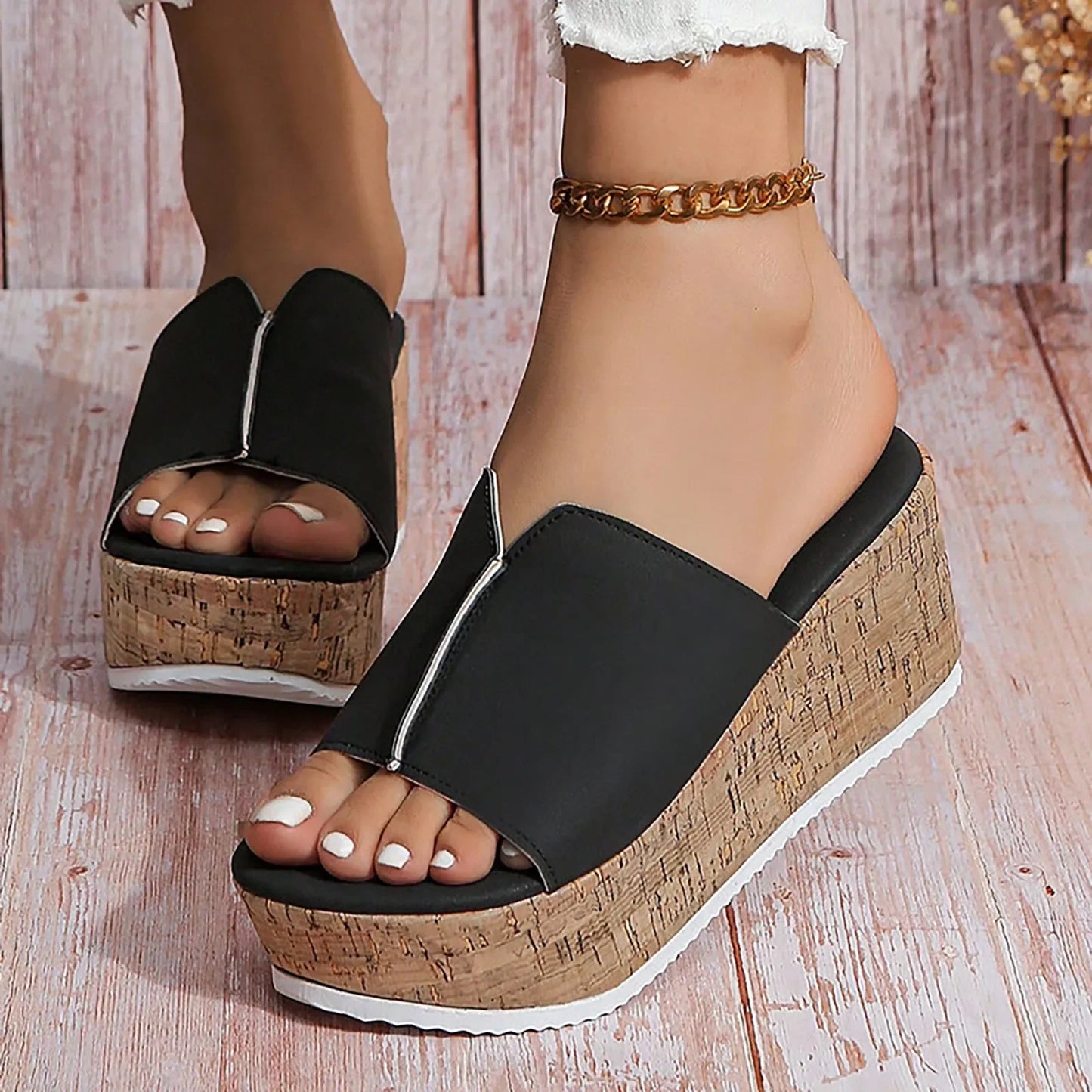 Wedges Slippers Summer Shoes for Women Leather Open Toe Beach Shoes Platform Slippers Women