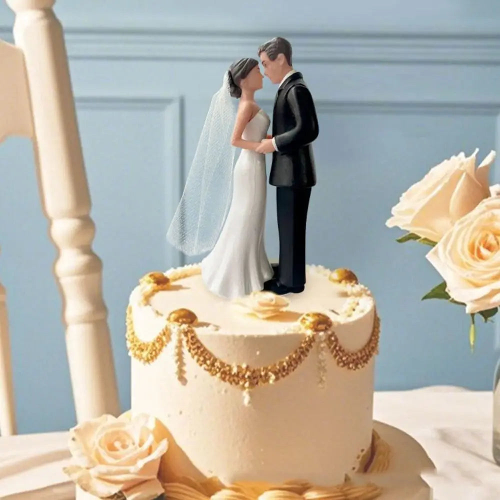 Anniversary & Wedding Couple Cake Topper – Elegant White/Black PVC Bride & Groom Figurines