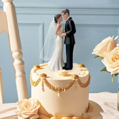 Anniversary & Wedding Couple Cake Topper – Elegant White/Black PVC Bride & Groom Figurines