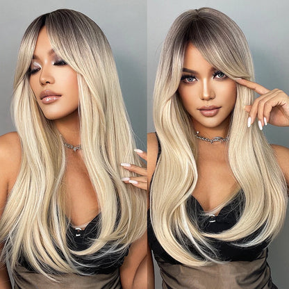 Long Straight Blonde Synthetic Wigs highlight Golden Hair Natural Female wig Middle Part Wigs For Cosplay Party Heat Resistant