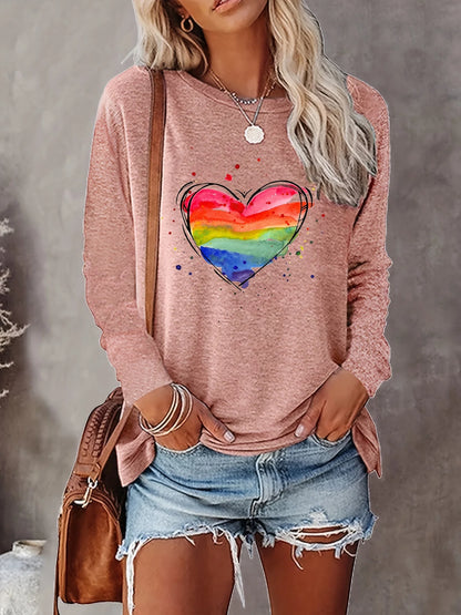 Rainbow Print, Casual Long Sleeve Crew Neck T-shirt