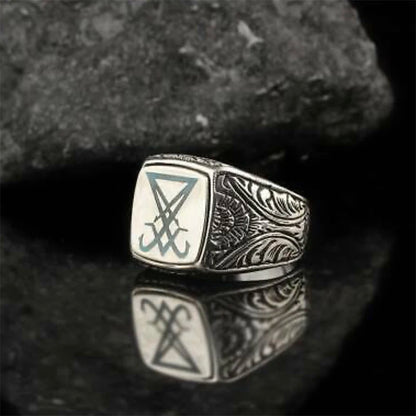 Vintage Lucifer Seal Signet Ring – Gothic Punk 316L Stainless Steel Black Stone
