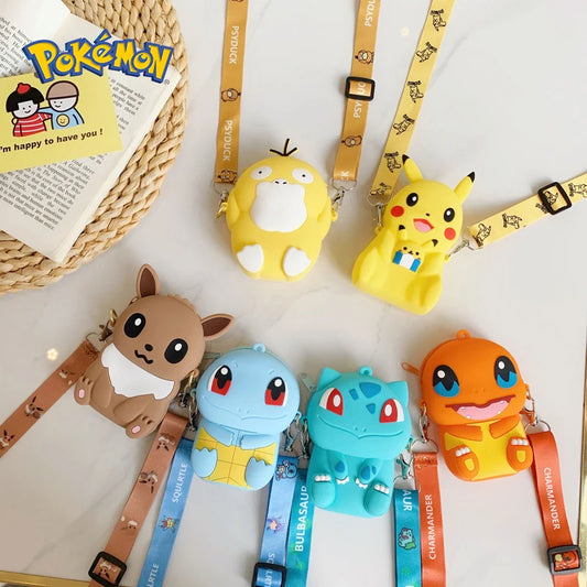 Pokemon Coin Purse Pikachu Anime Figures Cartoon Model Silicone Wallet Kawaii Personality Fashion  Shoulder Bag Kids Toys Gifts