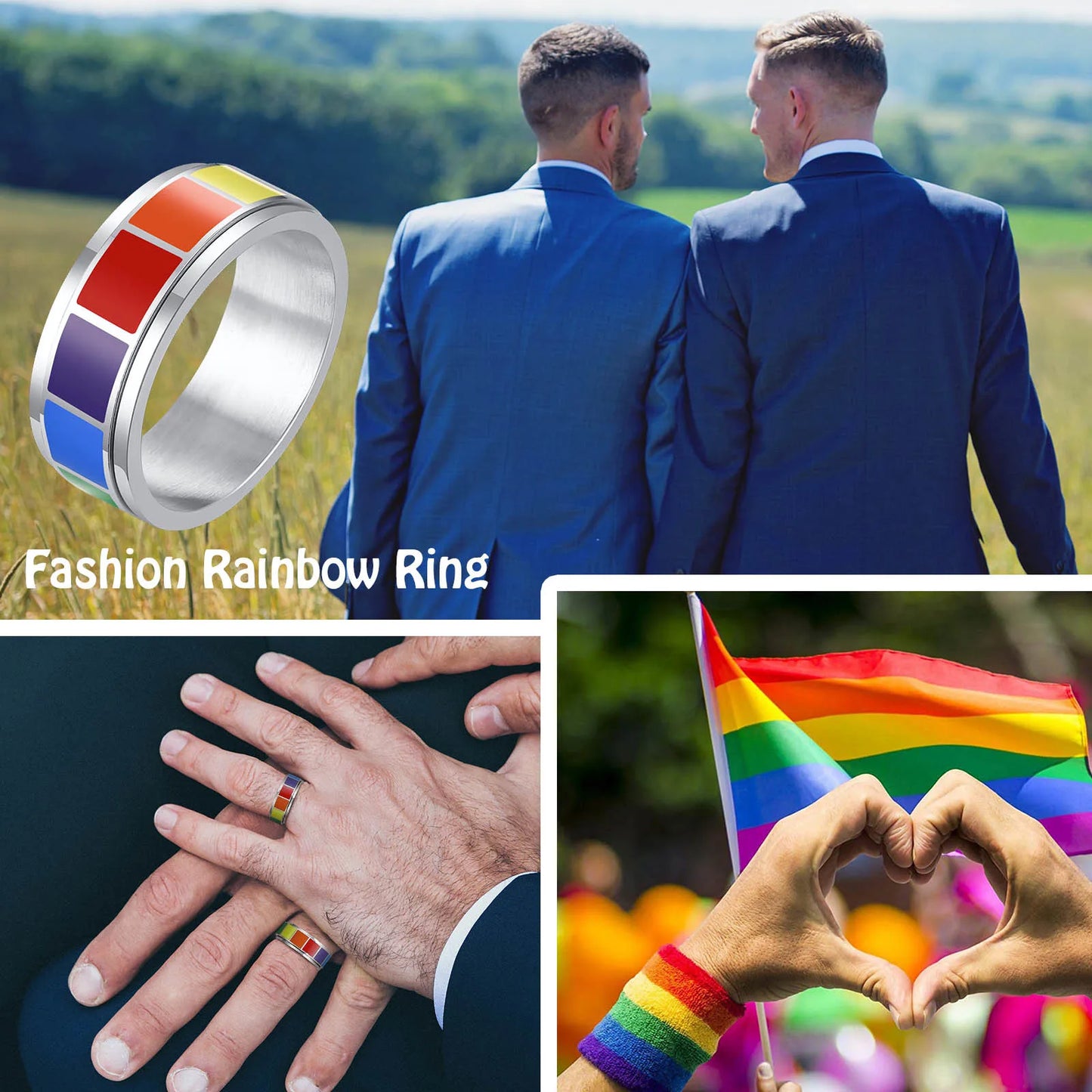 Vnox Rock Spinner Rainbow Color Wedding Rings for Men Women,Stainless Steel Metal 2 Layers Bands, 8MM Wide US Size,LGBTQ Jewelry
