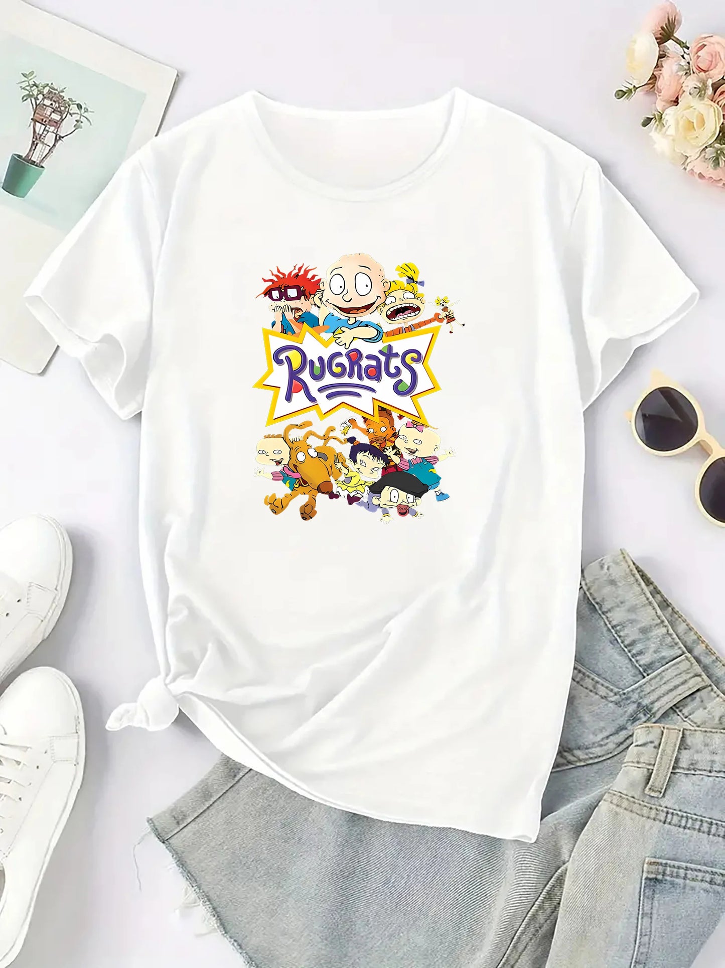 Casual Breathable Polyester-Spandex Women's Rugrats Cartoon Graphic Print T-Shirt Short Sleeve Crew Neck