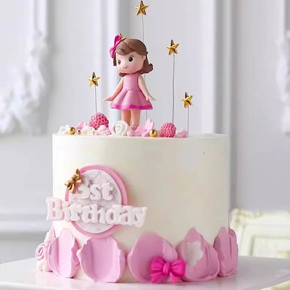 Princess Cake Topper Beautiful Girl with Bow Stars for Happy 1st Birthday Party Cake Decoration Baby Shower Party Supplies