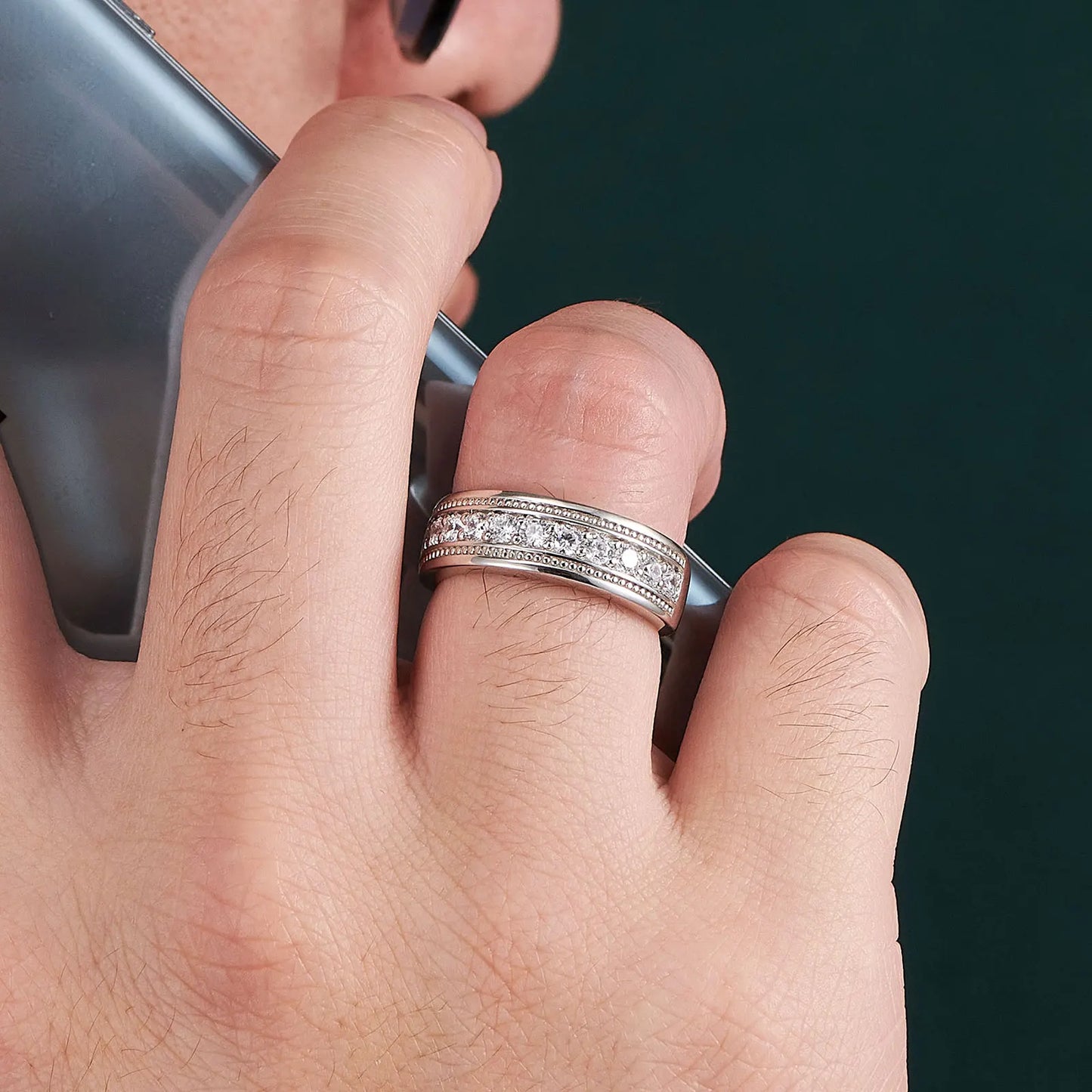 Newshe Genuine 925 Sterling Silver Wedding Rings for Men Half Eternity Brilliant Round Cut Cubic Zircon White Gold Jewelry
