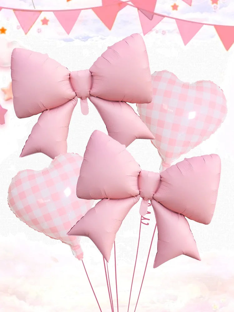 4pcs Pink Bow and Plaid Heart Balloon Set for Birthday , Bridal Gifts, Weddings, Engagements, Anniversaries Decoration