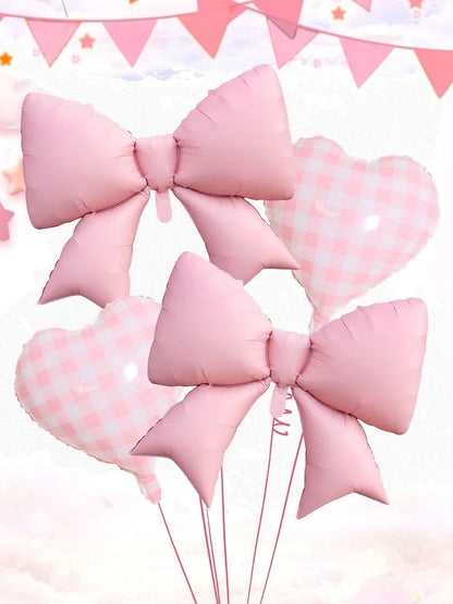 4pcs Pink Bow and Plaid Heart Balloon Set for Birthday , Bridal Gifts, Weddings, Engagements, Anniversaries Decoration