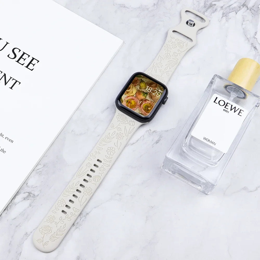 Engraved Strap for Apple Watch Ultra Band 2 49mm 45mm 44MM 38 40mm 41mm Floral Bracelet Fashion IWatch Series 9/8/7/6/5/4/3/se