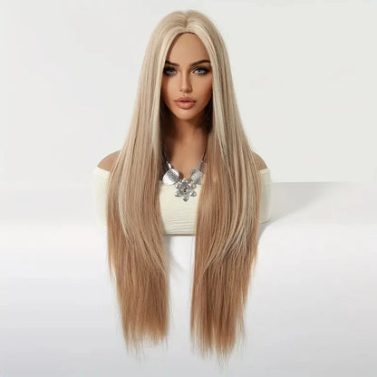 Long Straight Blonde Synthetic Wigs highlight Golden Hair Natural Female wig Middle Part Wigs For Cosplay Party Heat Resistant