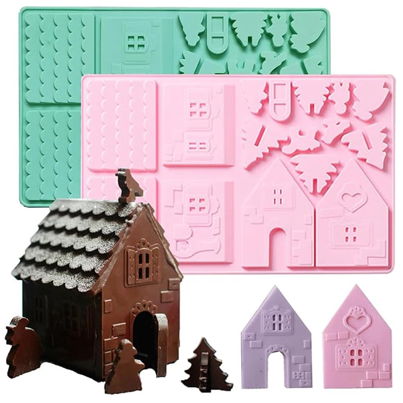 1PC Christmas House Building block Chocolate Silicone Mold Cake Decoration DIY Gingerbread House Shape Biscuits Stencil Baking