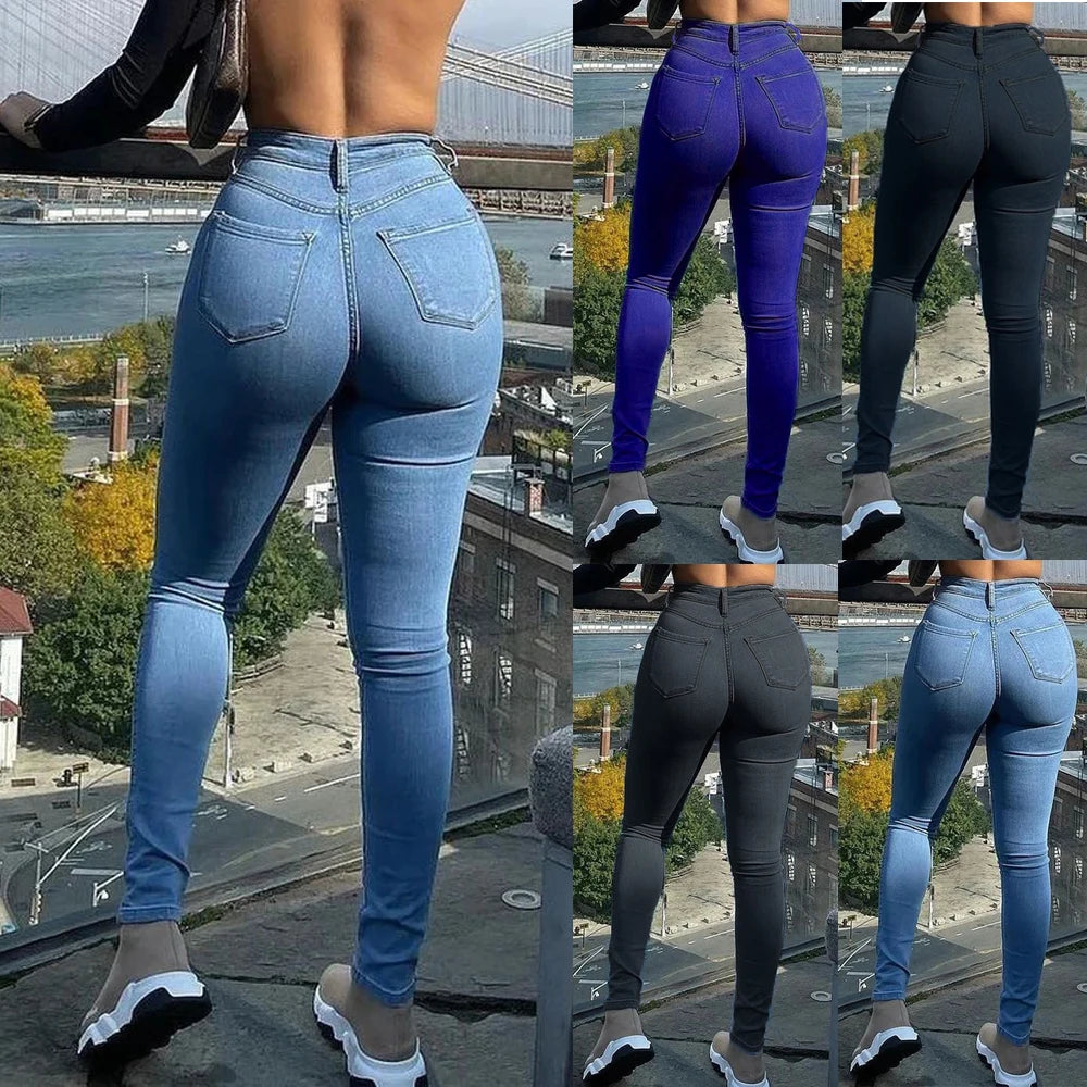 Stretch Skinny Denim Women's Jeans Mid Waist Pants Blue Retro Washed Elastic Slim Pencil Trousers