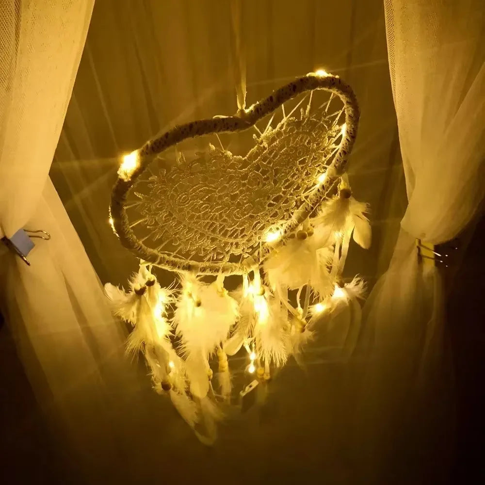 Heart Shaped LED Dream Catcher with Feathers Car Hanging Ornaments Home Wall Decor Fairy Lights for Bedroom Gift