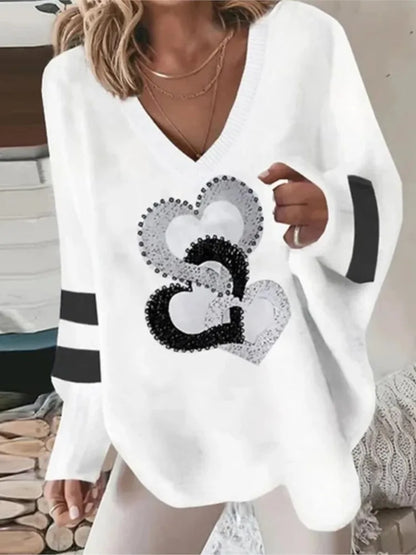 Love Print Long Sleeve Loose V Neck Pullover Irregular Hem Lady T Shirt Blouse