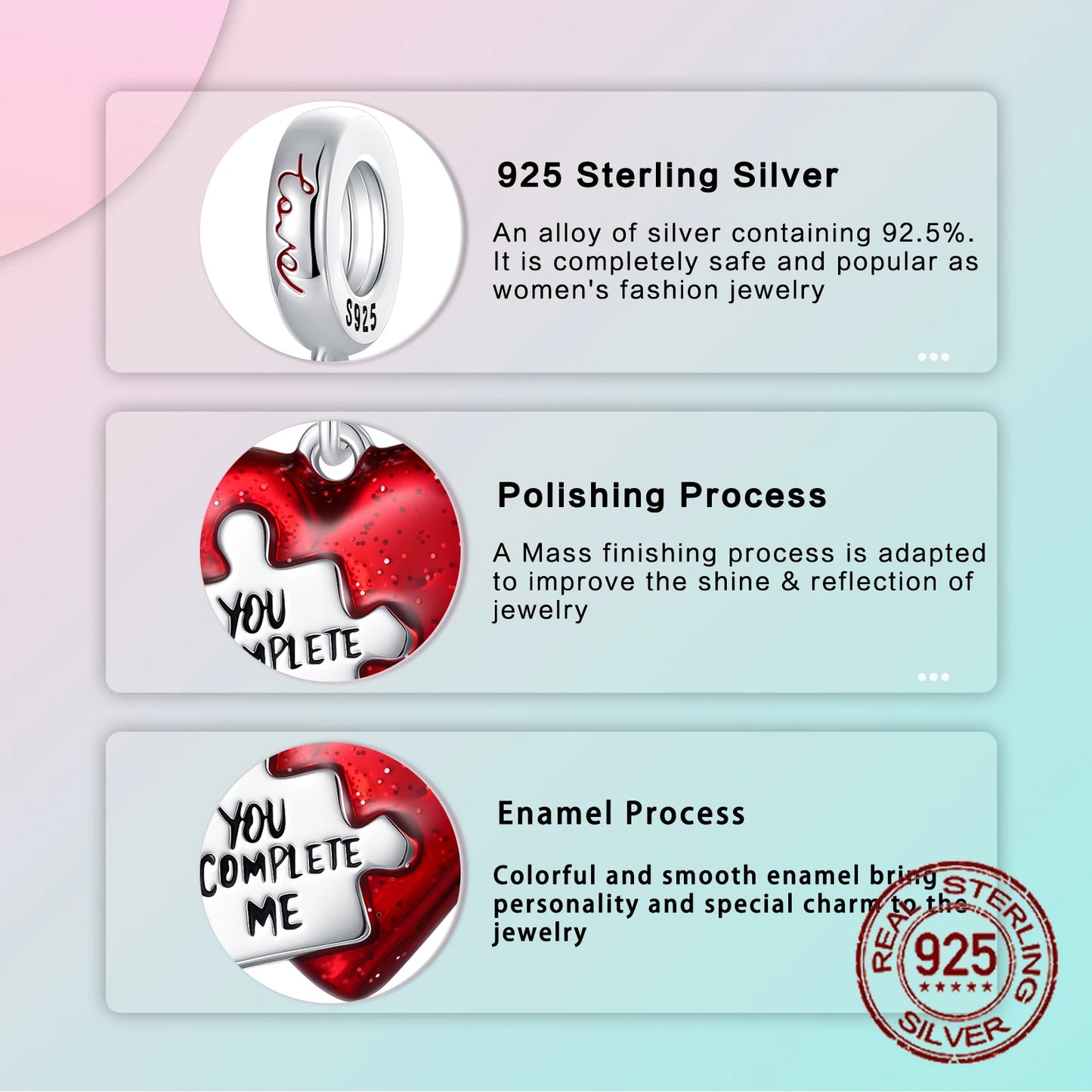 925 Sterling Silver Unique Red Puzzle Heart Dangle Charm Valentine's Day Pendant Fit Original Bracelets Women DIY Jewelry Gift