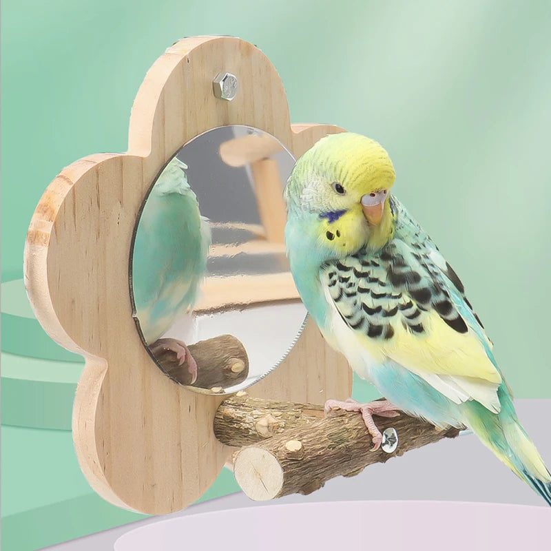 Wooden Bird Perch Natural Wood Bird Perch Stand with Mirror Parrots Platform Cage Accessories Branch Perch Rod Stand