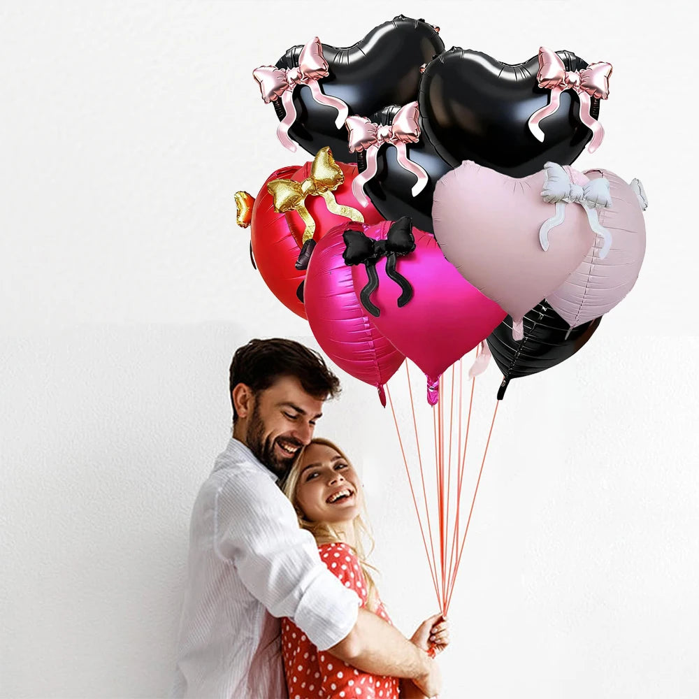 22inch Pink Red Black Heart Shaped Foil Balloons with Bow Valentines Day Wedding Party Decorations Birthday Baby Shower Supplies