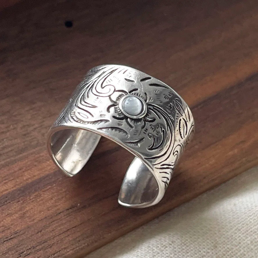 925 Sterling Silver Rings For Women Geometric Fine Jewelry Adjustable Simple Wide Black Stone Retro Ring For Party Birthday Gift