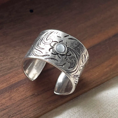 925 Sterling Silver Rings For Women Geometric Fine Jewelry Adjustable Simple Wide Black Stone Retro Ring For Party Birthday Gift